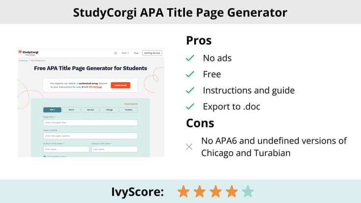 This image shows the pros and cons of StudyCorgi title page generator.