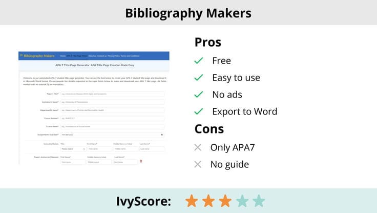 This image shows the pros and cons of APA 7 Title Page Generator by Bibliography Makers.