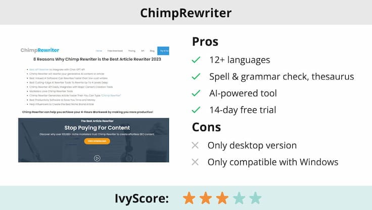 This image shows the pros and cons of ChimpRewriter.