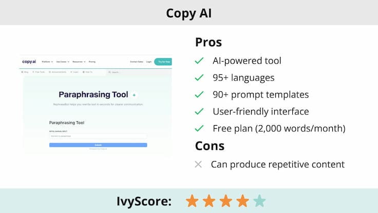 This image shows the pros and cons of Copy AI paraphrasing tool.