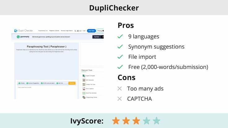 This image shows the pros and cons of DupliChecker paraphrasing tool.
