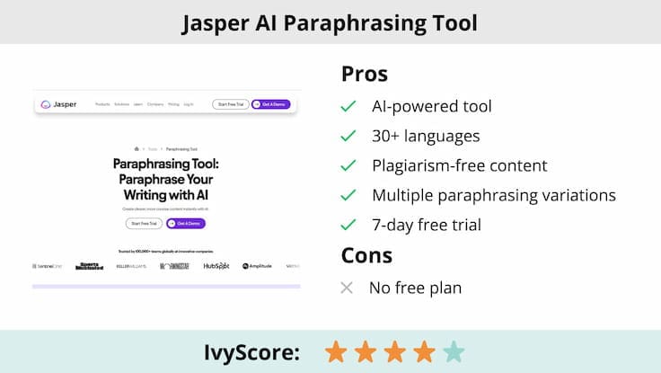 This image shows the pros and cons of Jasper AI paraphrasing tool.